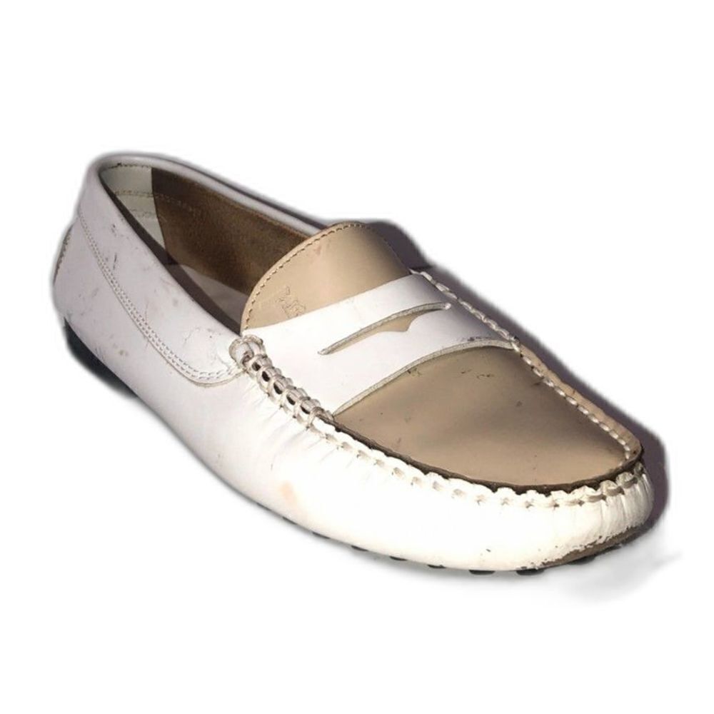 TOD'S Leather Penny Loafers Women's 6.5 White Tan *U shaped Heel* Driving Shoes